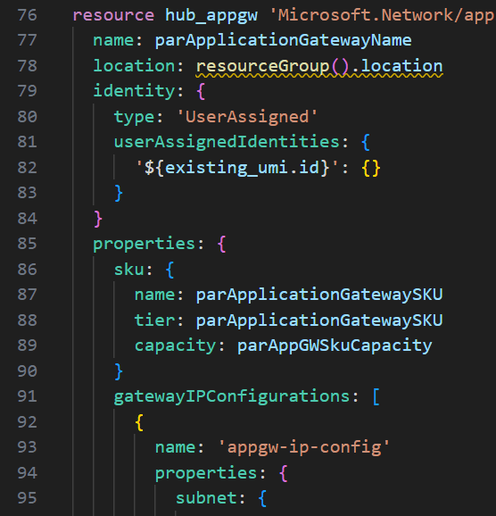 Part of bicep code in Visual Studio for an Application Gateway